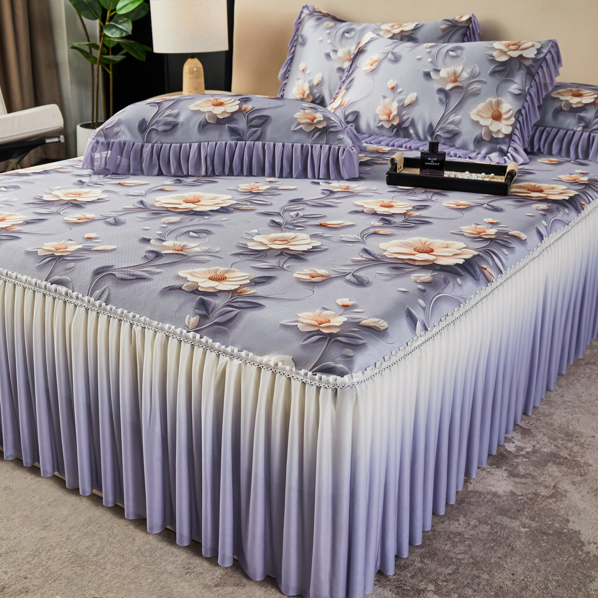 91家纺网 家纺一手货源 找家纺 绒宴家纺2026海洋冰丝床裙款凉席三件套