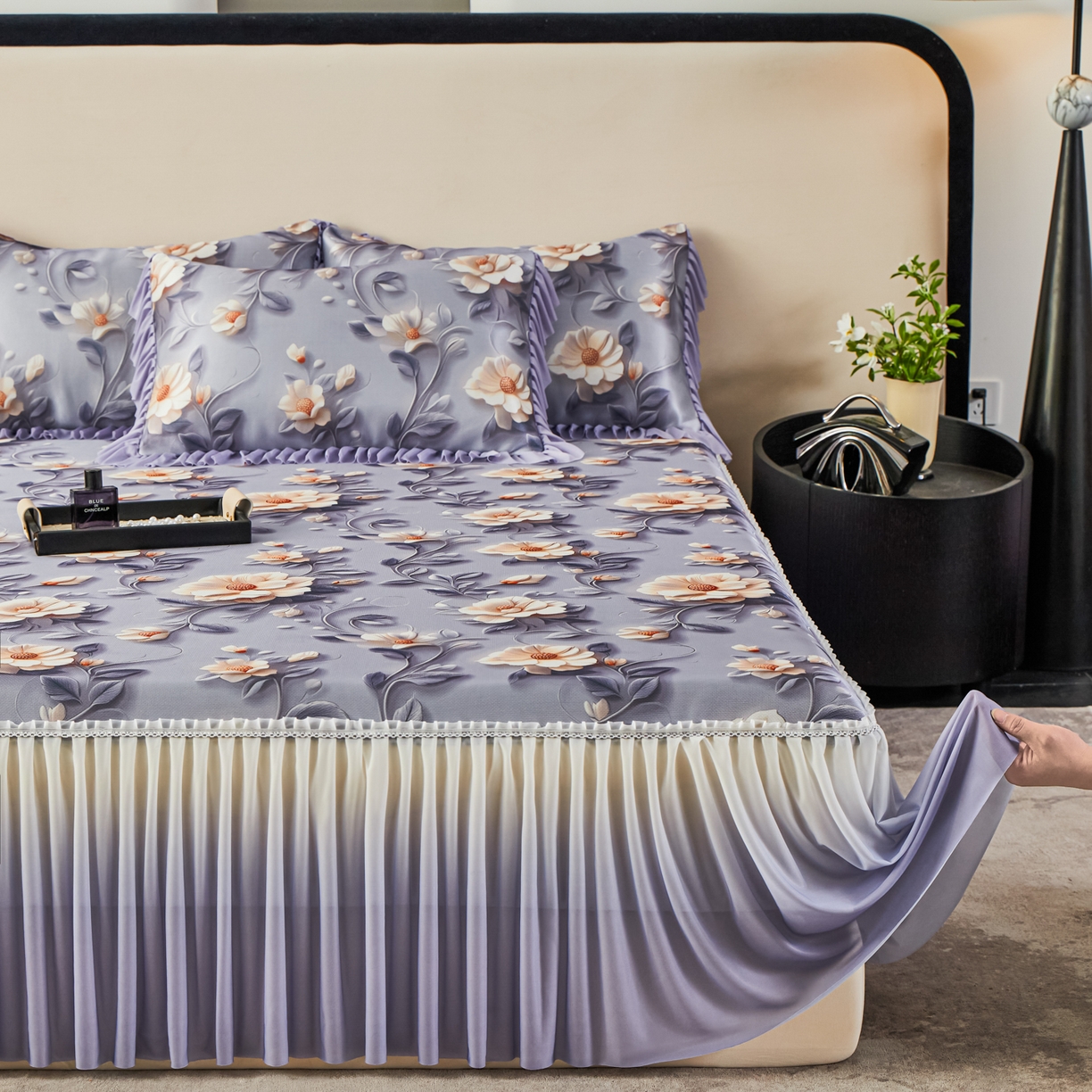 91家纺网 家纺一手货源 找家纺 绒宴家纺2026海洋冰丝床裙款凉席三件套