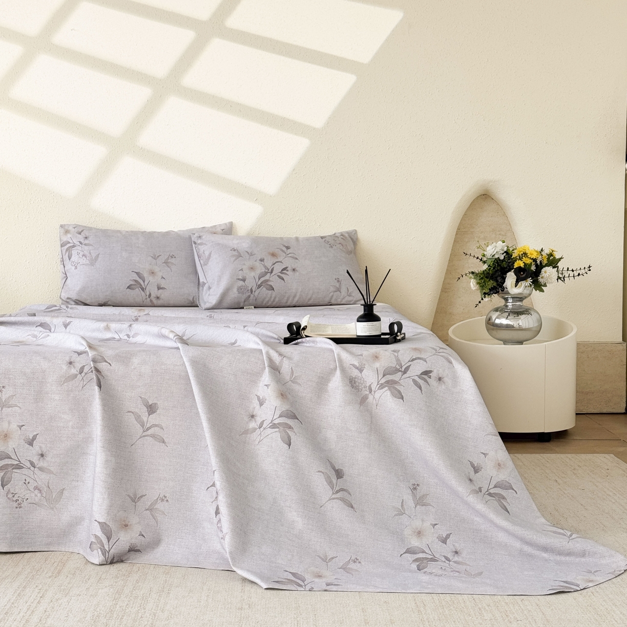 91家纺网 家纺一手货源 找家纺 遇安家纺 2026年新款原棉老粗布凉席三件套 白茶-灰