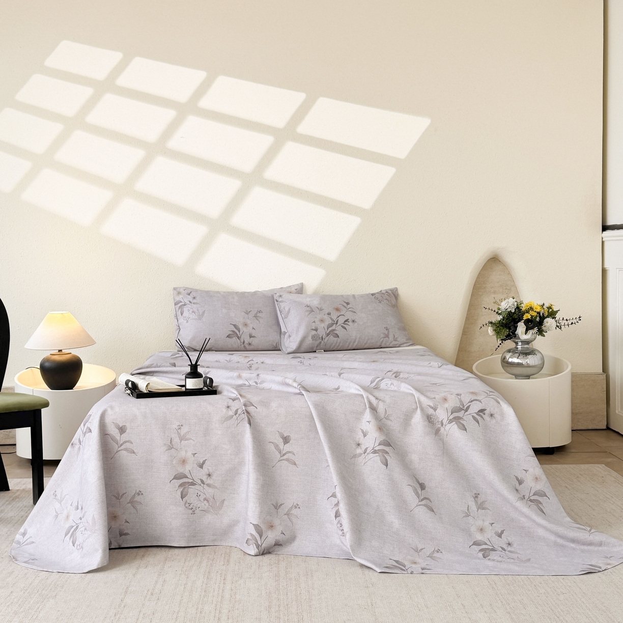 91家纺网 家纺一手货源 找家纺 遇安家纺 2026年新款原棉老粗布凉席三件套 白茶-灰