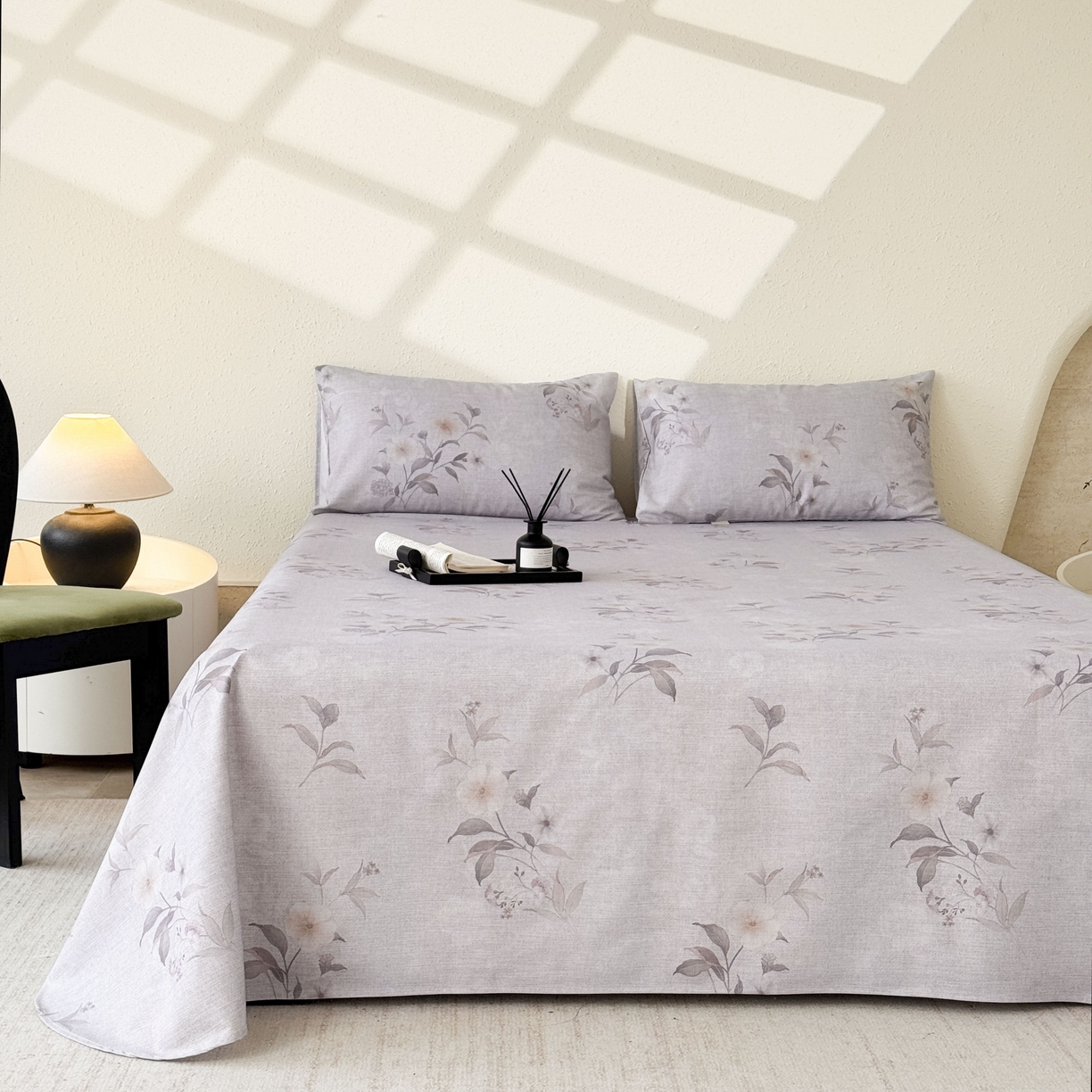 91家纺网 家纺一手货源 找家纺 遇安家纺 2026年新款原棉老粗布凉席三件套 白茶-灰