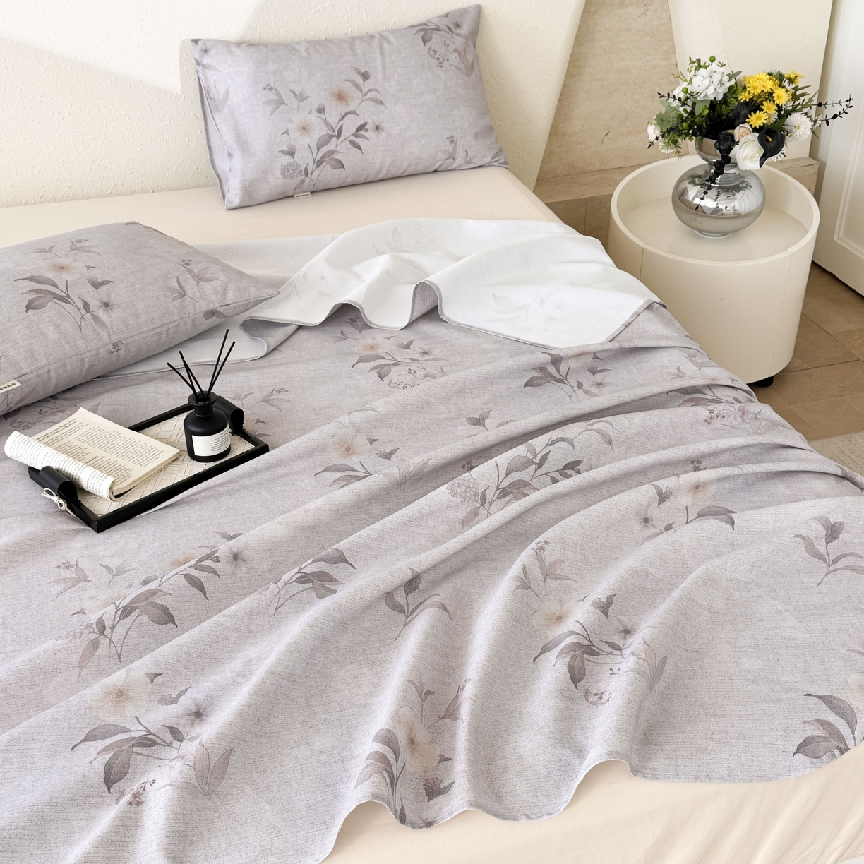 91家纺网 家纺一手货源 找家纺 遇安家纺 2026年新款原棉老粗布凉席三件套 白茶-灰