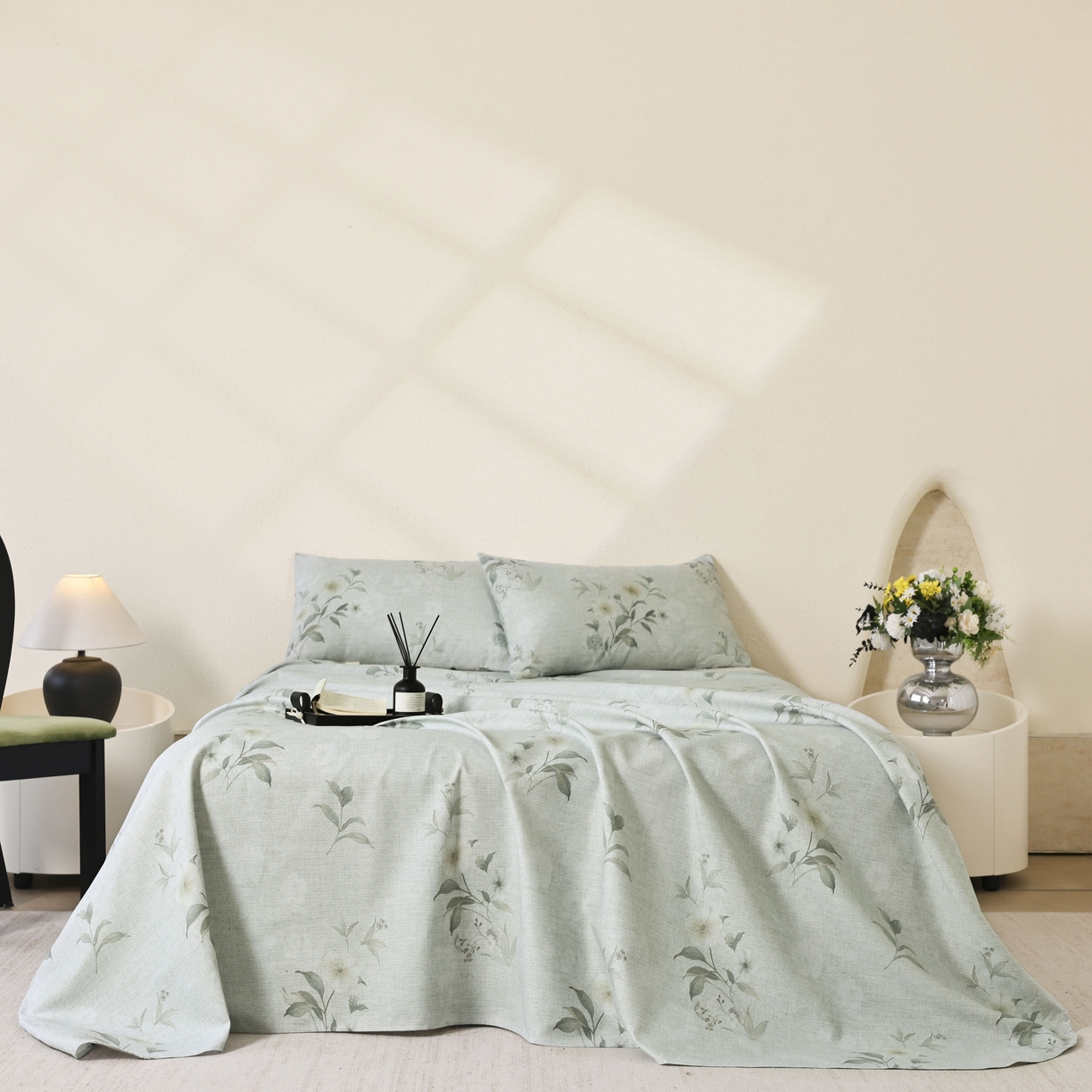 91家纺网 家纺一手货源 找家纺 遇安家纺 2026年新款原棉老粗布凉席三件套 白茶-绿