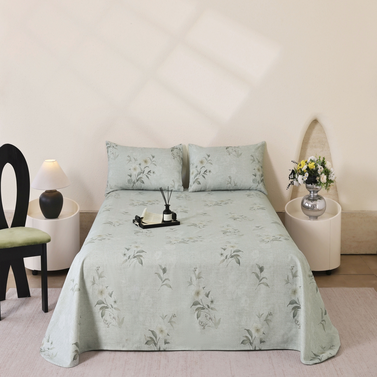 91家纺网 家纺一手货源 找家纺 遇安家纺 2026年新款原棉老粗布凉席三件套 白茶-绿