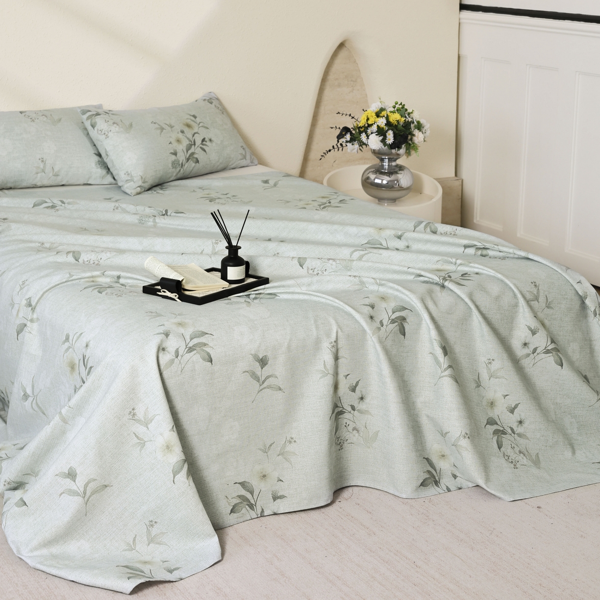 91家纺网 家纺一手货源 找家纺 遇安家纺 2026年新款原棉老粗布凉席三件套 白茶-绿