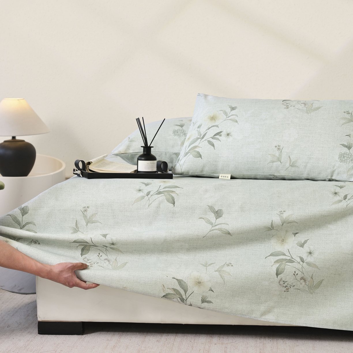 91家纺网 家纺一手货源 找家纺 遇安家纺 2026年新款原棉老粗布凉席三件套 白茶-绿