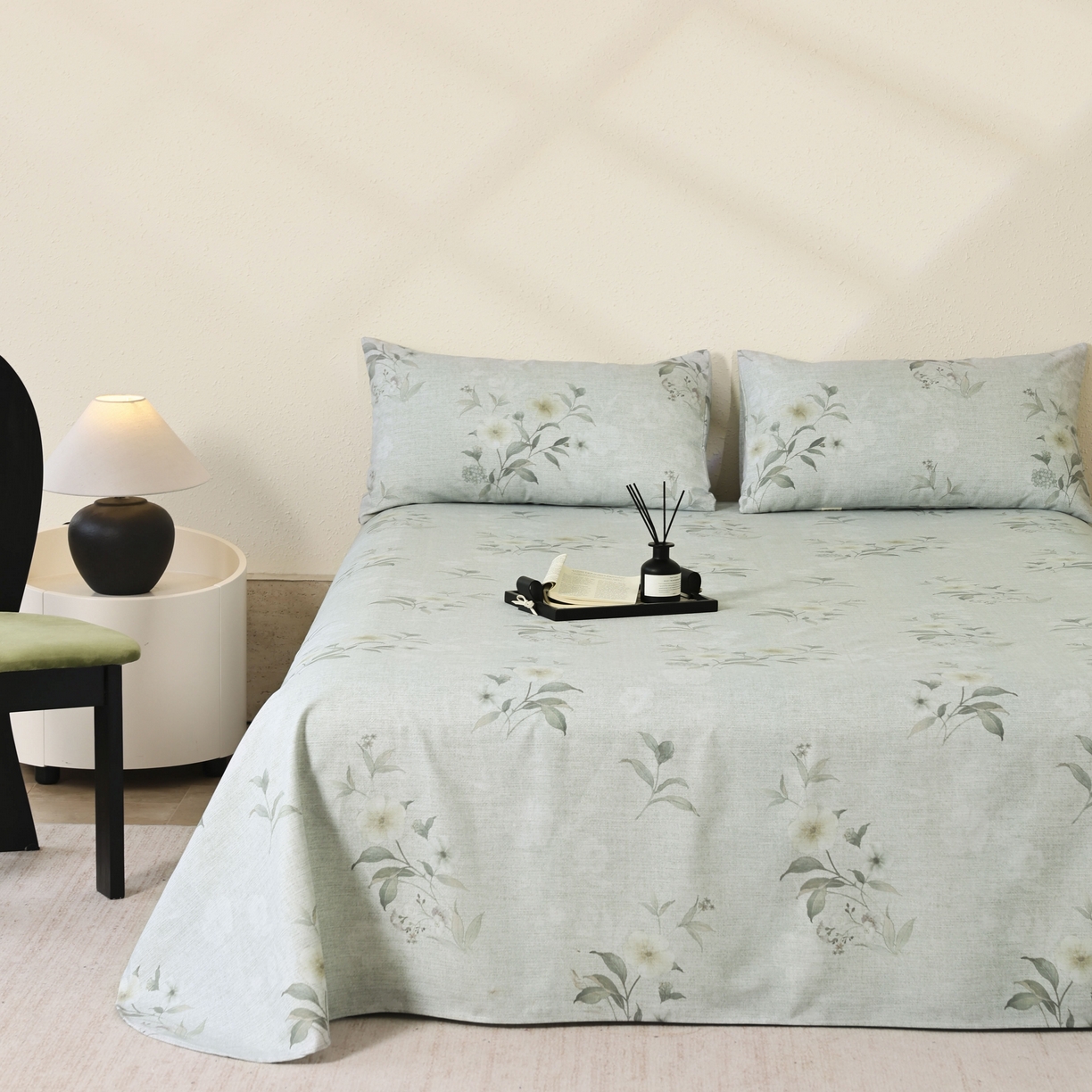 91家纺网 家纺一手货源 找家纺 遇安家纺 2026年新款原棉老粗布凉席三件套 白茶-绿