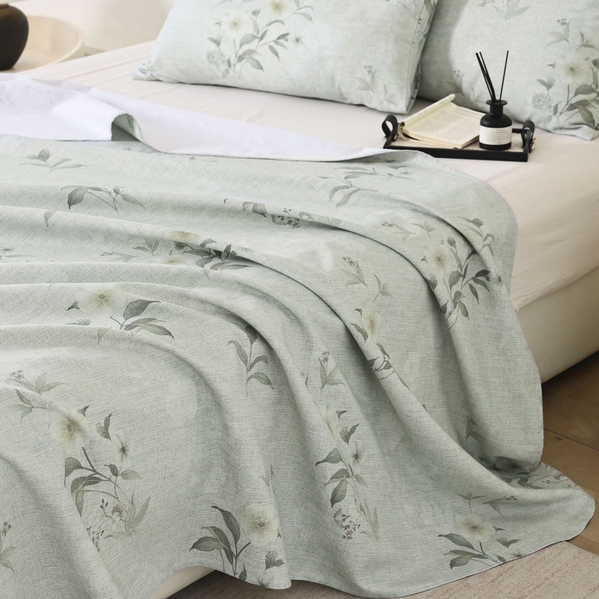 91家纺网 家纺一手货源 找家纺 遇安家纺 2026年新款原棉老粗布凉席三件套 白茶-绿