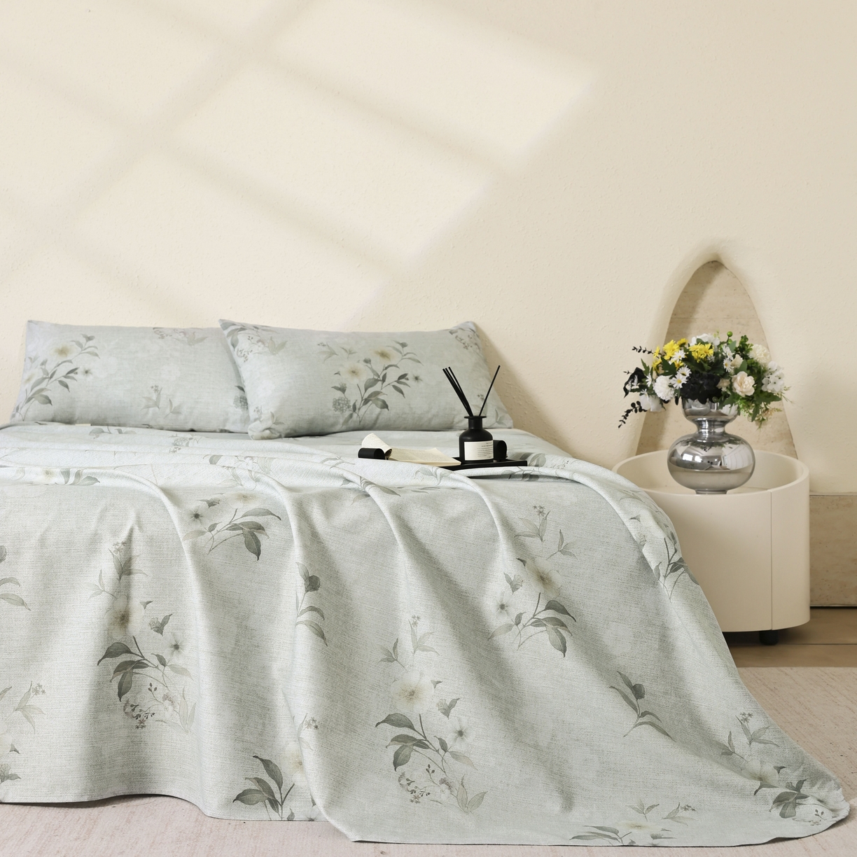 91家纺网 家纺一手货源 找家纺 遇安家纺 2026年新款原棉老粗布凉席三件套 白茶-绿