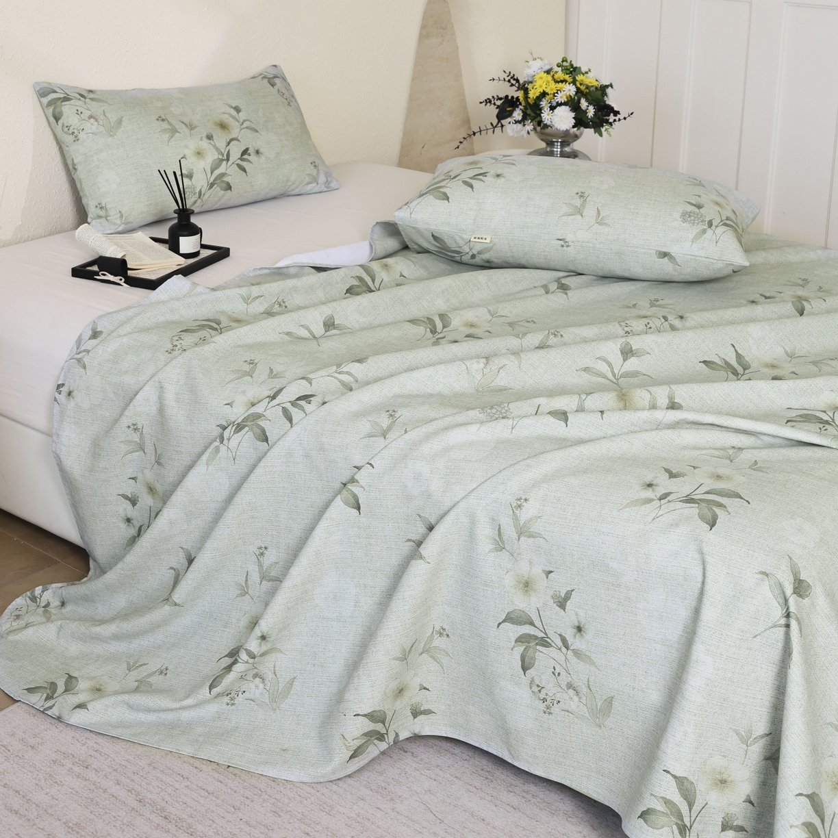 91家纺网 家纺一手货源 找家纺 遇安家纺 2026年新款原棉老粗布凉席三件套 白茶-绿