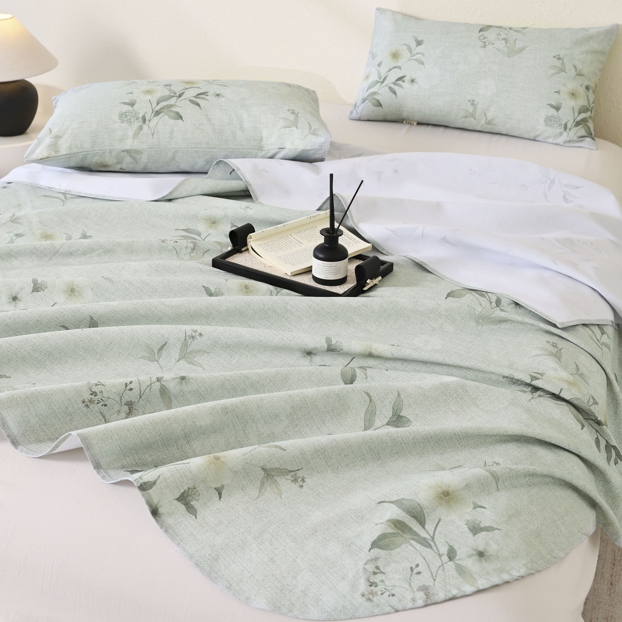 91家纺网 家纺一手货源 找家纺 遇安家纺 2026年新款原棉老粗布凉席三件套 白茶-绿