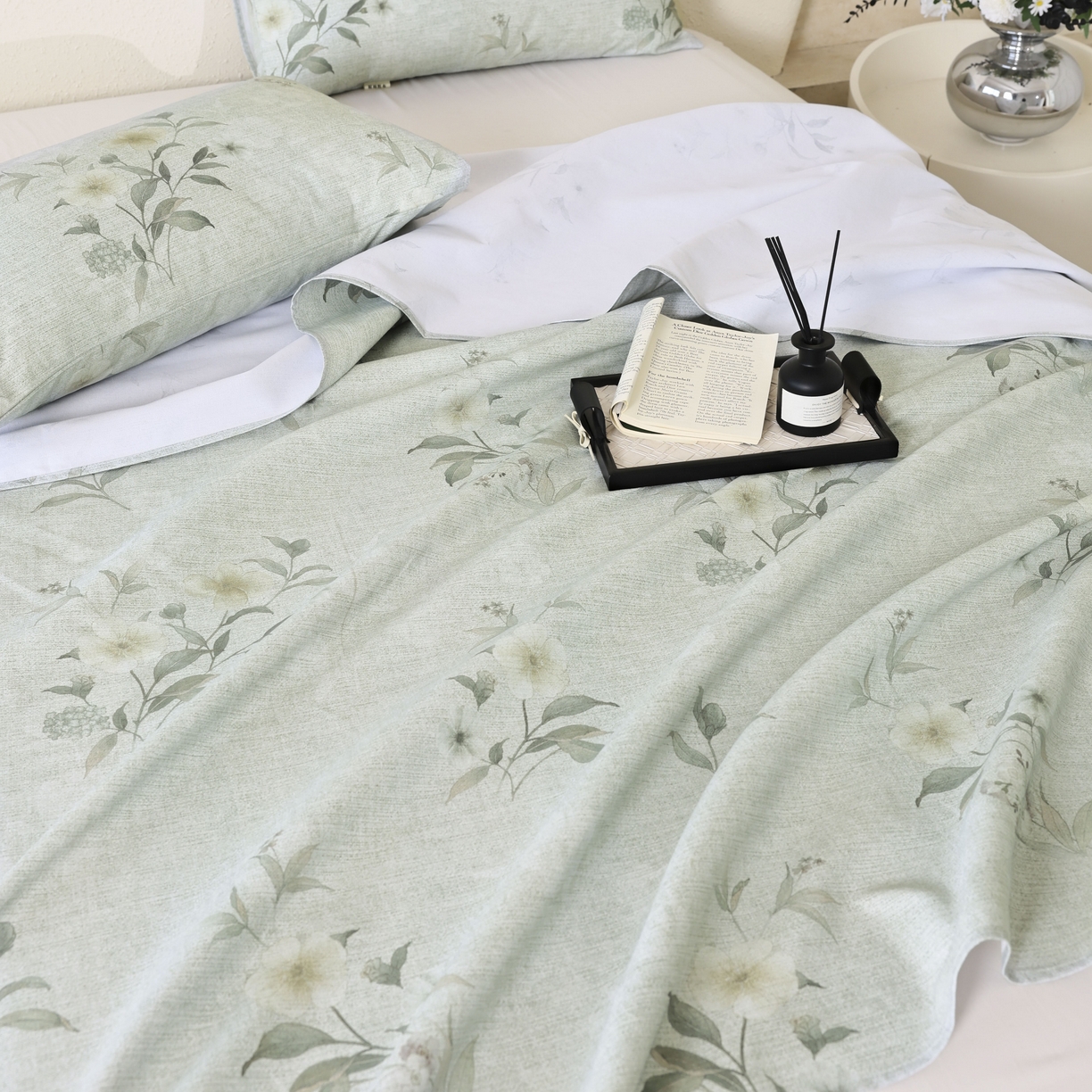 91家纺网 家纺一手货源 找家纺 遇安家纺 2026年新款原棉老粗布凉席三件套 白茶-绿