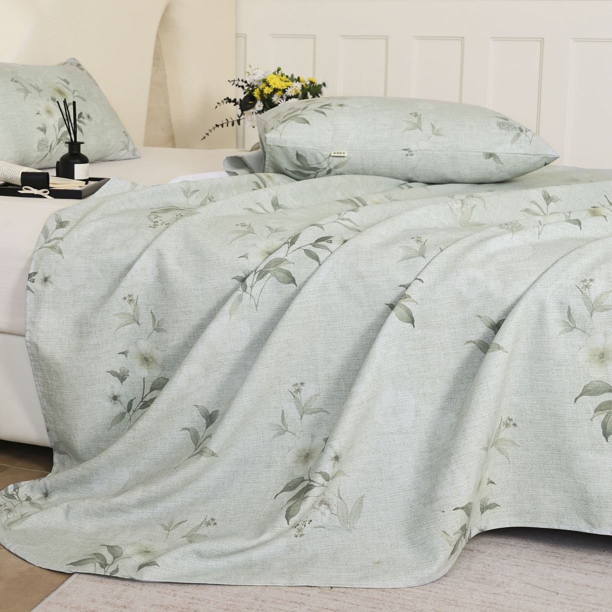 91家纺网 家纺一手货源 找家纺 遇安家纺 2026年新款原棉老粗布凉席三件套 白茶-绿