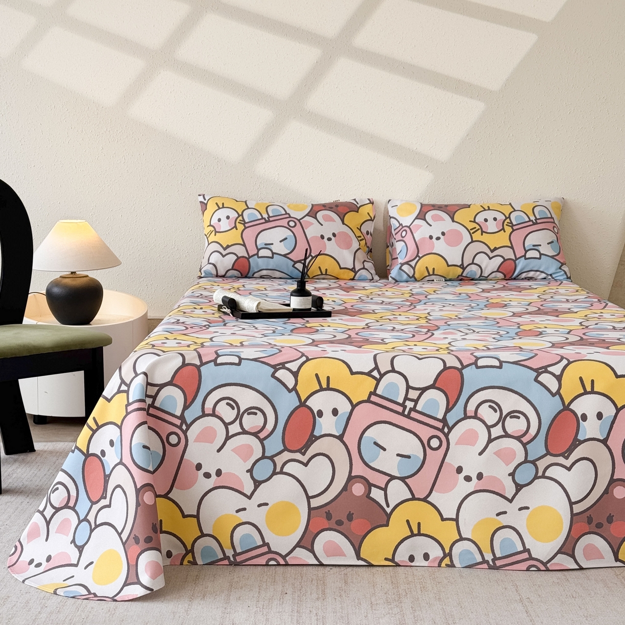 91家纺网 家纺一手货源 找家纺 遇安家纺 2026年新款原棉老粗布凉席三件套 白日漫游-粉