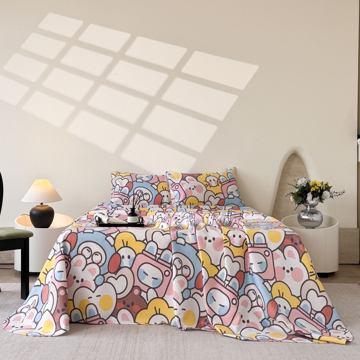 91家纺网 家纺一手货源 找家纺 遇安家纺 2026年新款原棉老粗布凉席三件套 白日漫游-粉