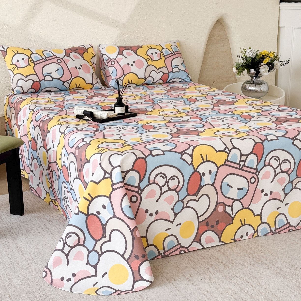 91家纺网 家纺一手货源 找家纺 遇安家纺 2026年新款原棉老粗布凉席三件套 白日漫游-粉