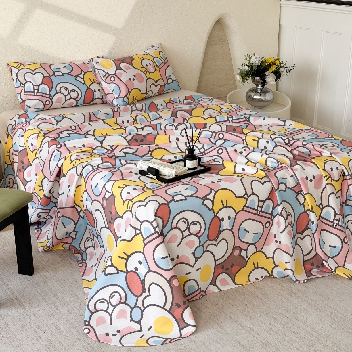 91家纺网 家纺一手货源 找家纺 遇安家纺 2026年新款原棉老粗布凉席三件套 白日漫游-粉