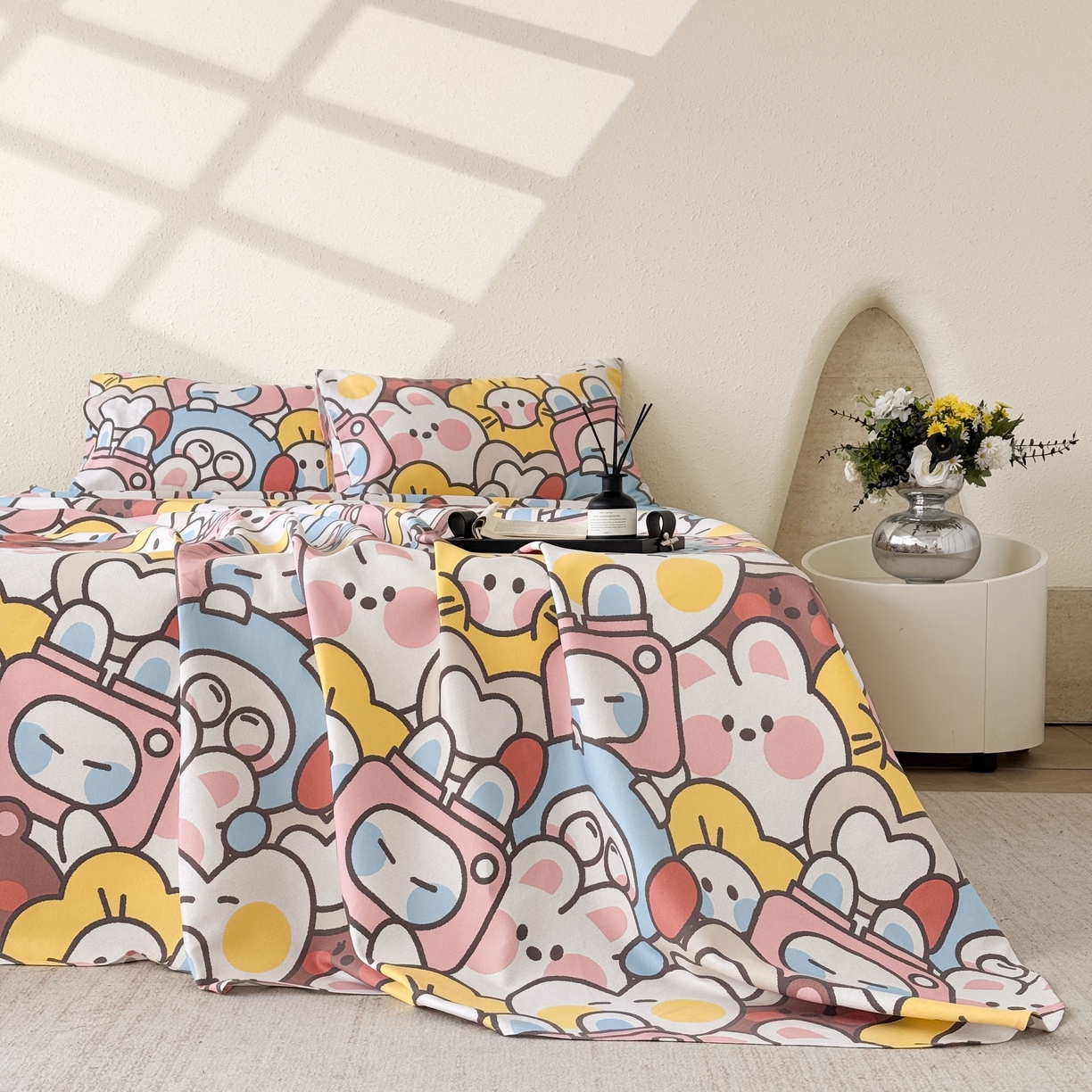 91家纺网 家纺一手货源 找家纺 遇安家纺 2026年新款原棉老粗布凉席三件套 白日漫游-粉