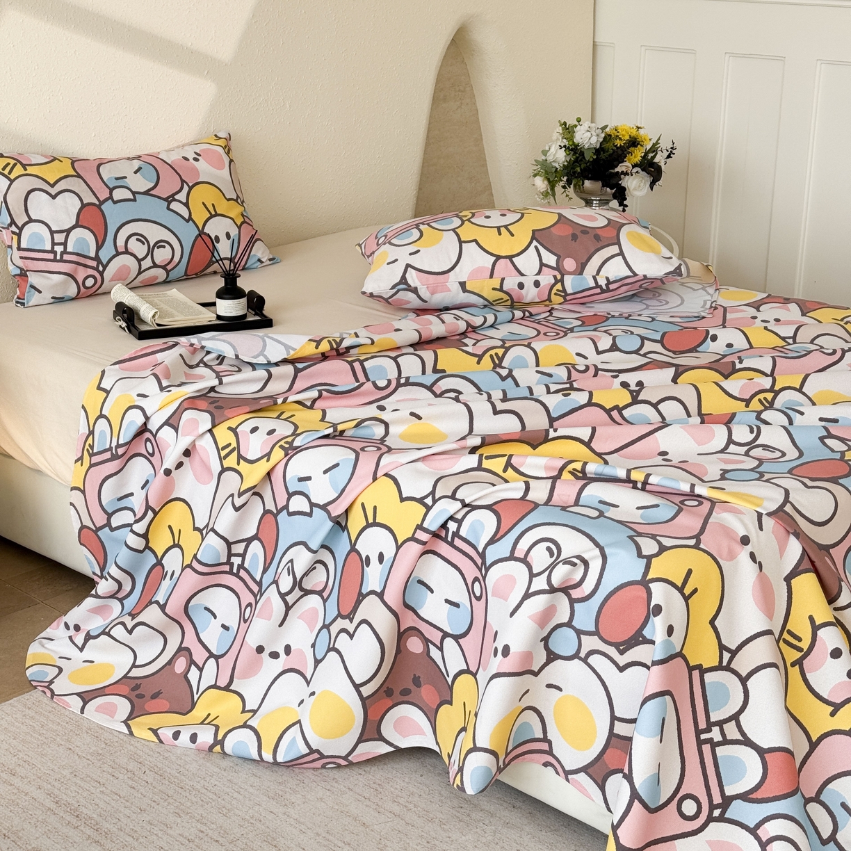 91家纺网 家纺一手货源 找家纺 遇安家纺 2026年新款原棉老粗布凉席三件套 白日漫游-粉