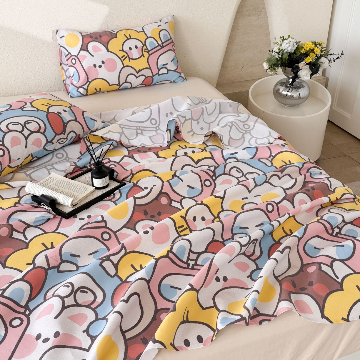 91家纺网 家纺一手货源 找家纺 遇安家纺 2026年新款原棉老粗布凉席三件套 白日漫游-粉