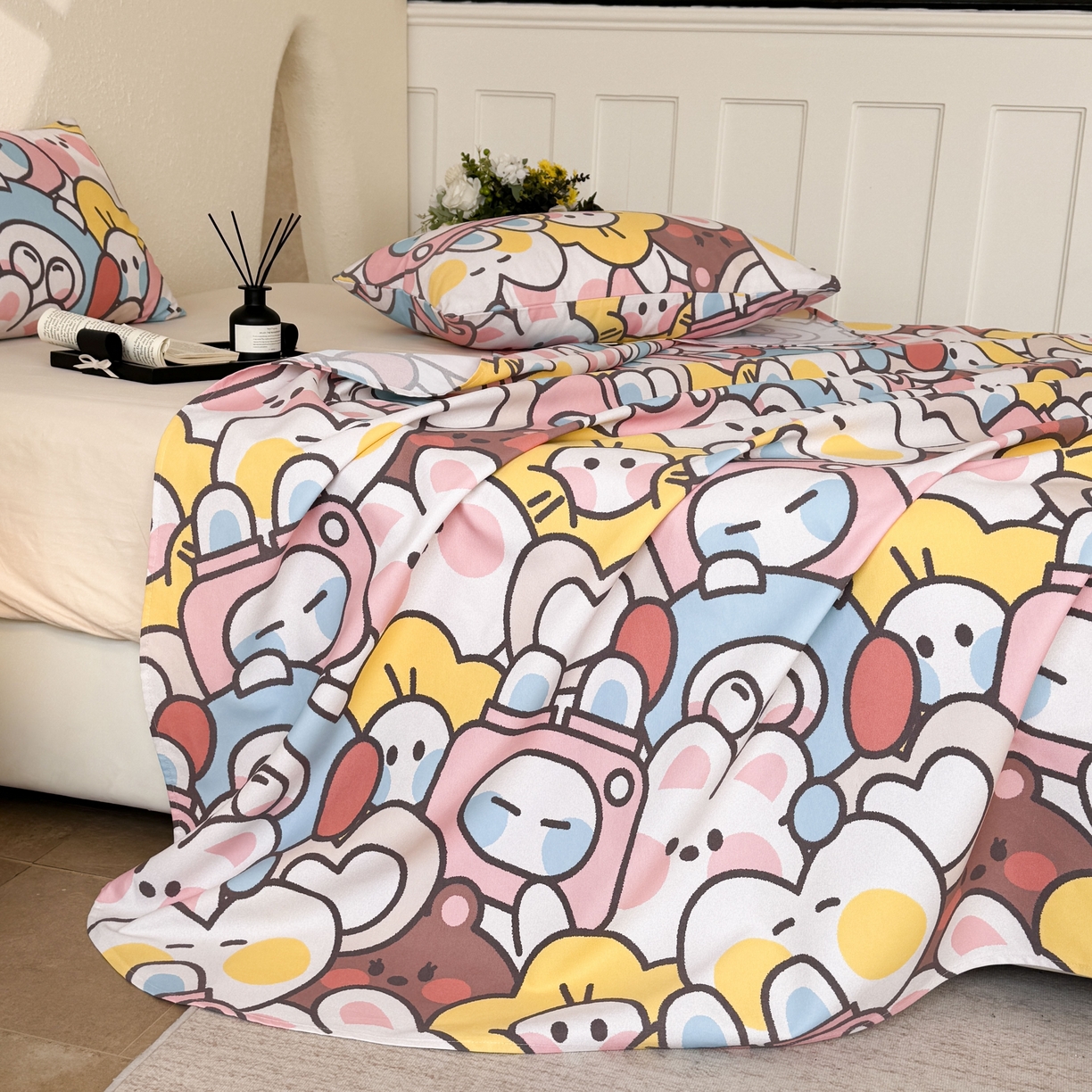 91家纺网 家纺一手货源 找家纺 遇安家纺 2026年新款原棉老粗布凉席三件套 白日漫游-粉