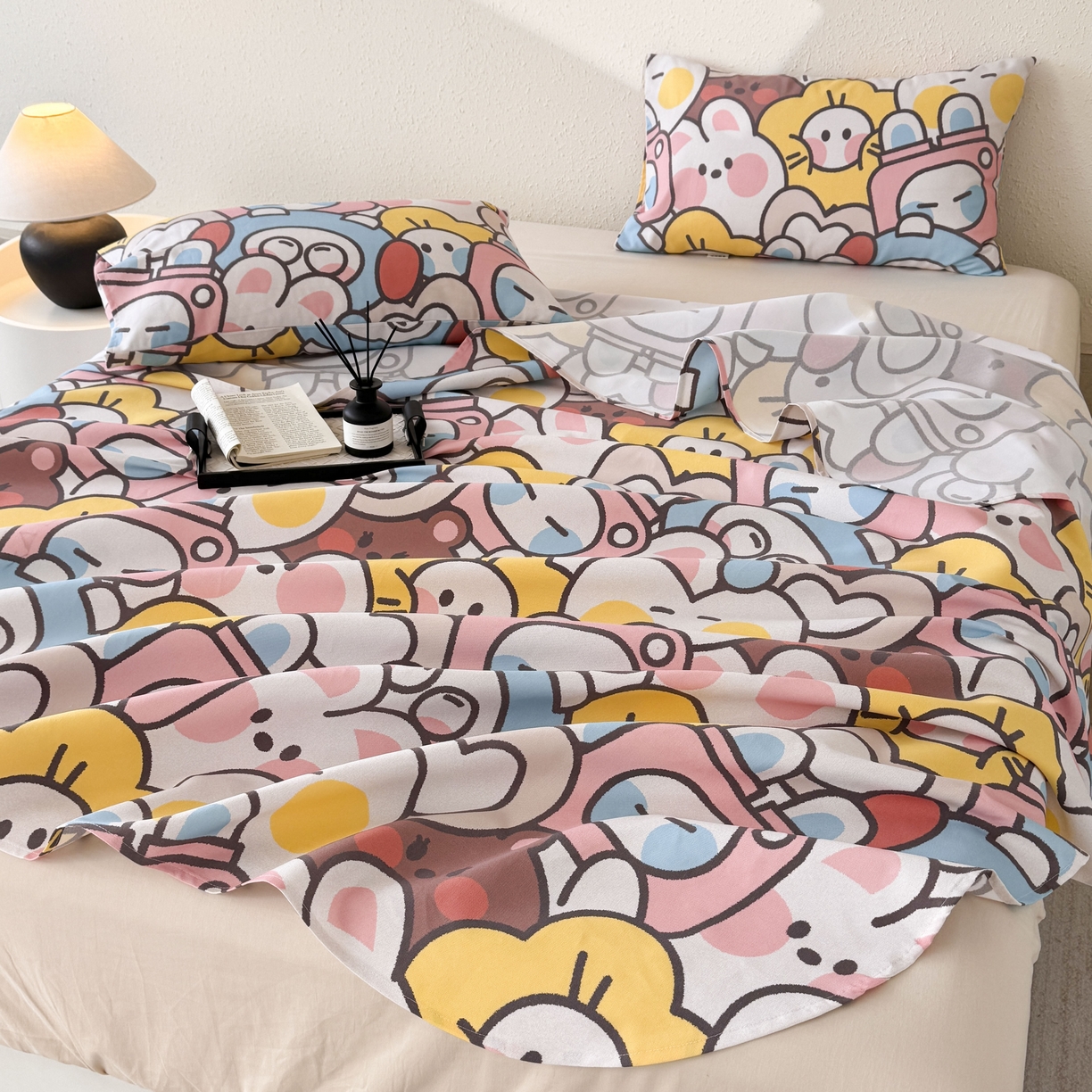 91家纺网 家纺一手货源 找家纺 遇安家纺 2026年新款原棉老粗布凉席三件套 白日漫游-粉