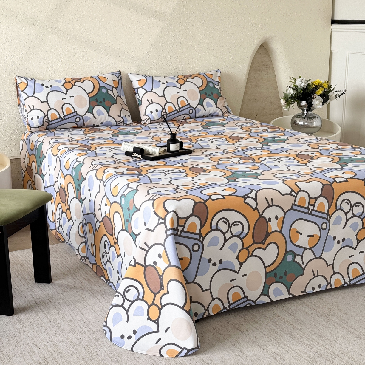 91家纺网 家纺一手货源 找家纺 遇安家纺 2026年新款原棉老粗布凉席三件套 白日漫游-绿