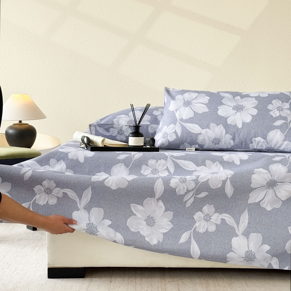 91家纺网 家纺一手货源 找家纺 遇安家纺 2026年新款原棉老粗布凉席三件套 花叙-蓝