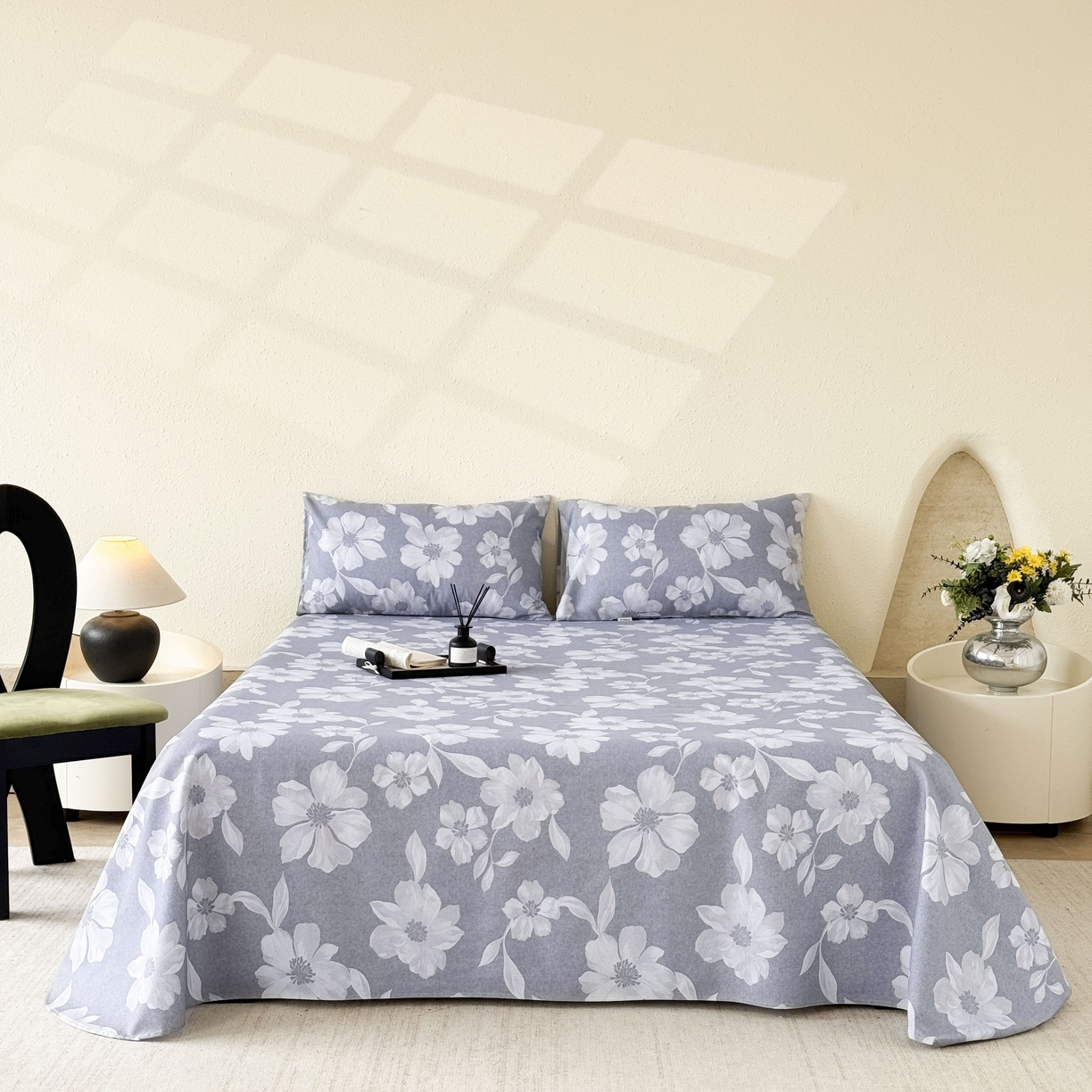 遇安家纺 2026年新款原棉老粗布凉席三件套 花叙-蓝