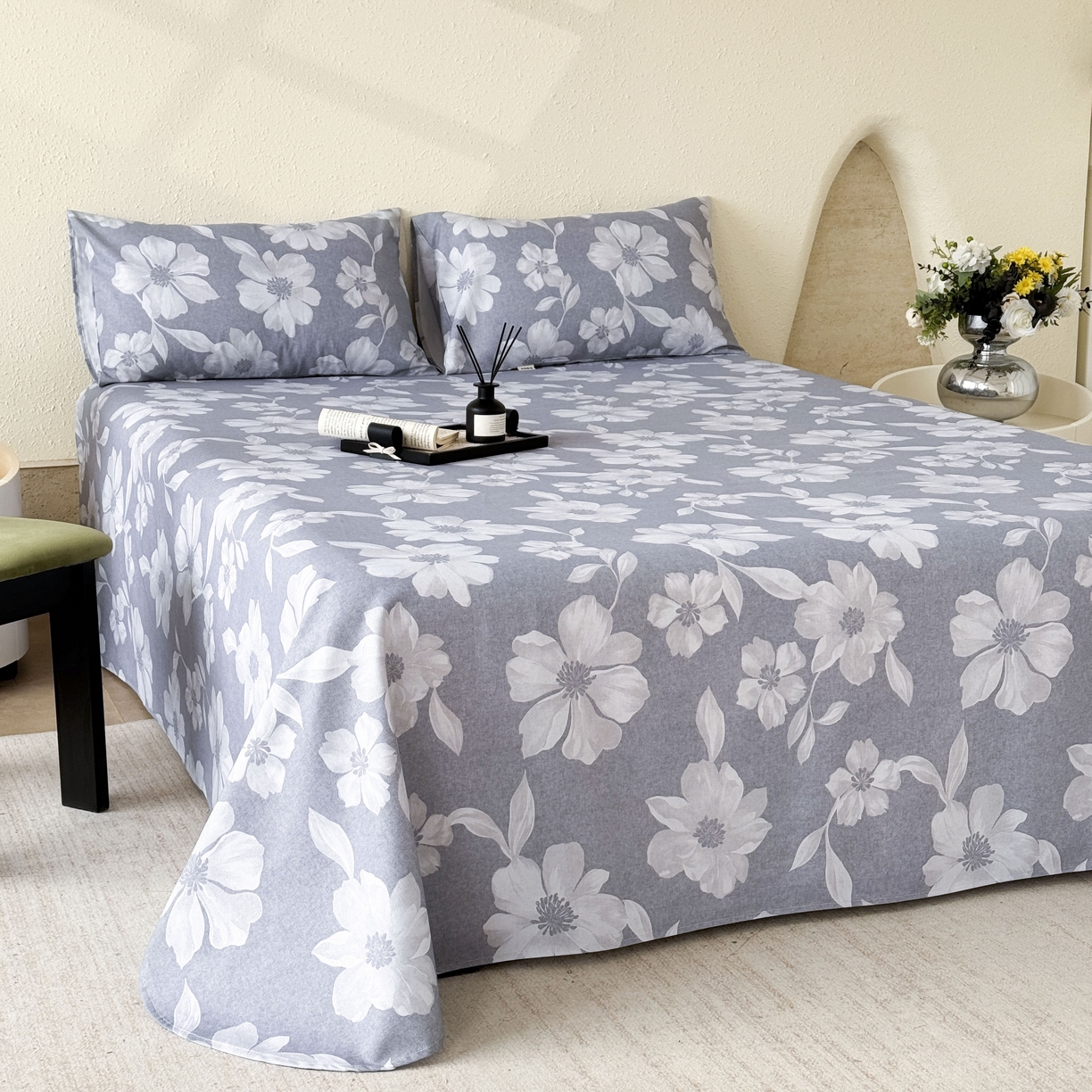 91家纺网 家纺一手货源 找家纺 遇安家纺 2026年新款原棉老粗布凉席三件套 花叙-蓝