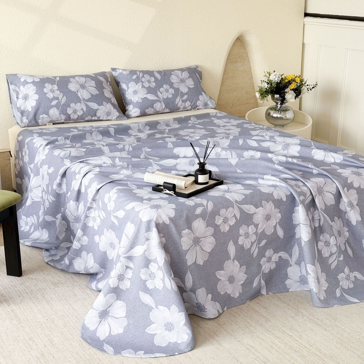 91家纺网 家纺一手货源 找家纺 遇安家纺 2026年新款原棉老粗布凉席三件套 花叙-蓝