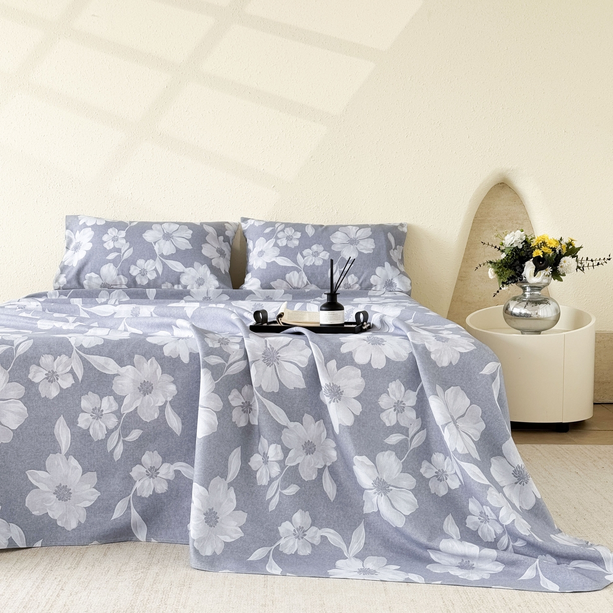 91家纺网 家纺一手货源 找家纺 遇安家纺 2026年新款原棉老粗布凉席三件套 花叙-蓝