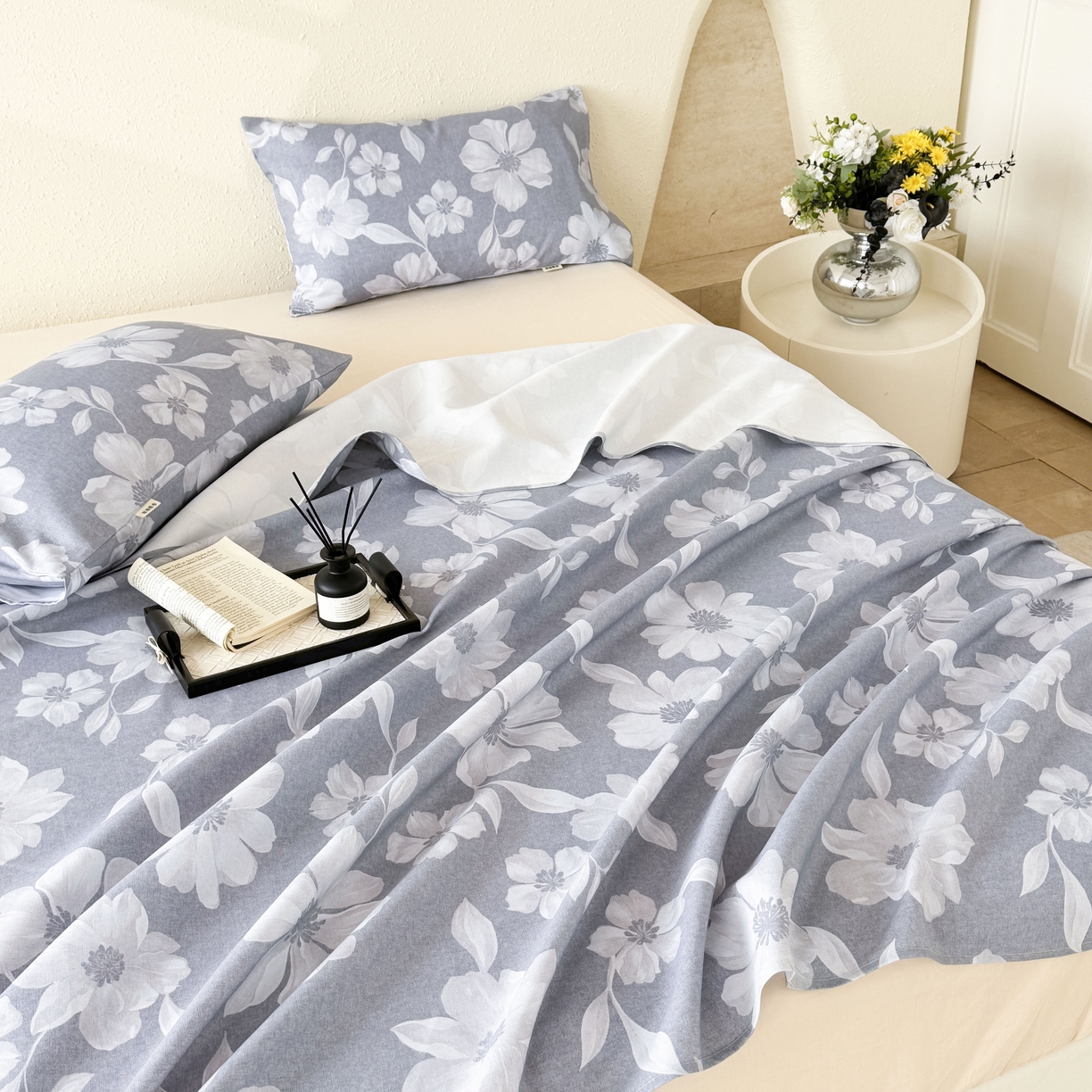 91家纺网 家纺一手货源 找家纺 遇安家纺 2026年新款原棉老粗布凉席三件套 花叙-蓝