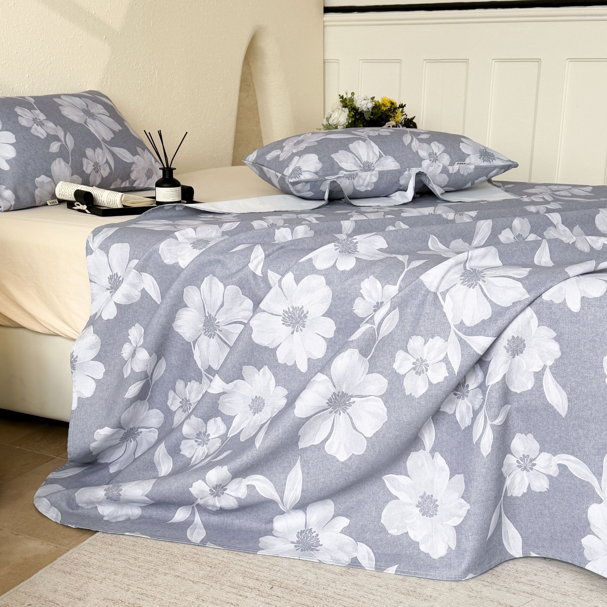 91家纺网 家纺一手货源 找家纺 遇安家纺 2026年新款原棉老粗布凉席三件套 花叙-蓝