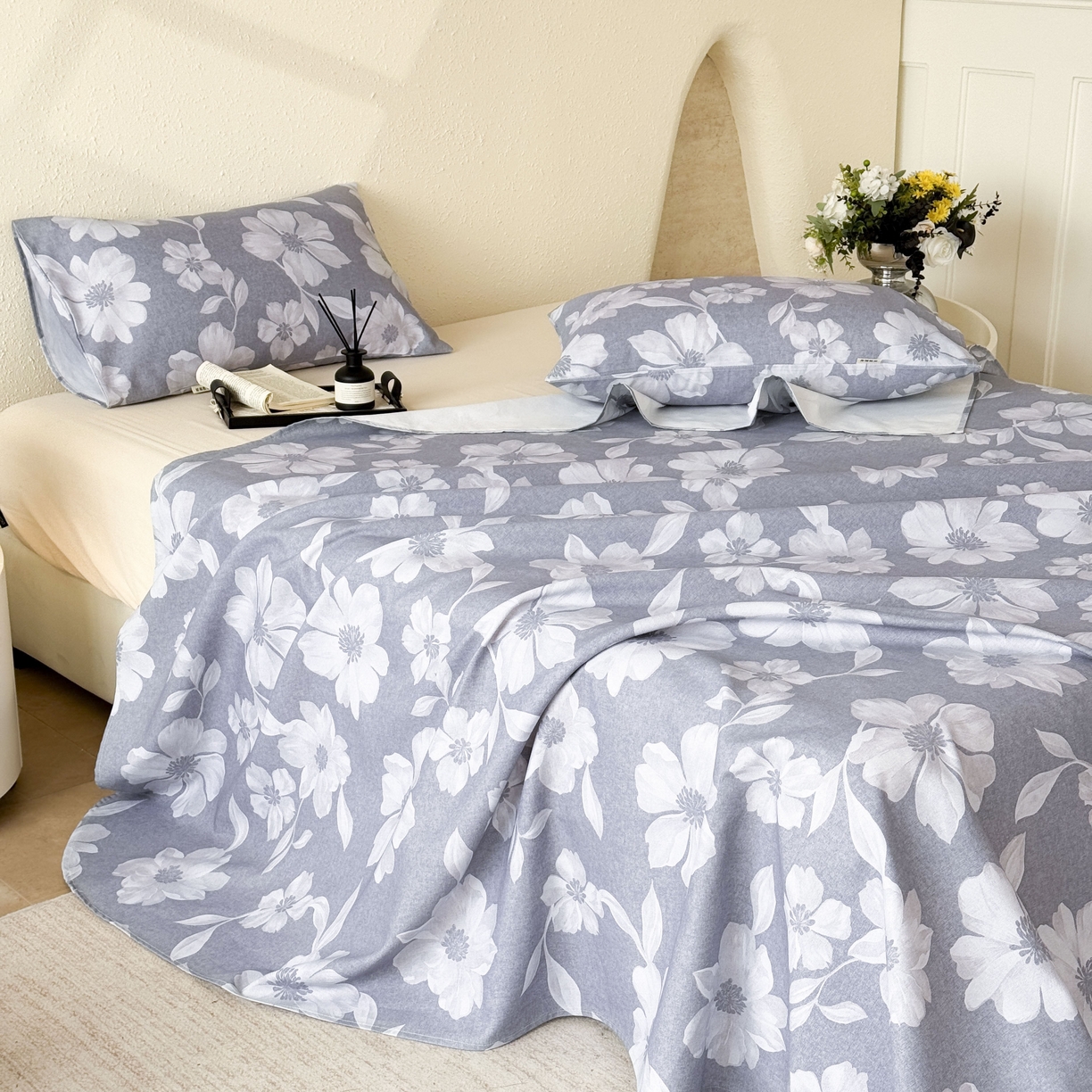 91家纺网 家纺一手货源 找家纺 遇安家纺 2026年新款原棉老粗布凉席三件套 花叙-蓝