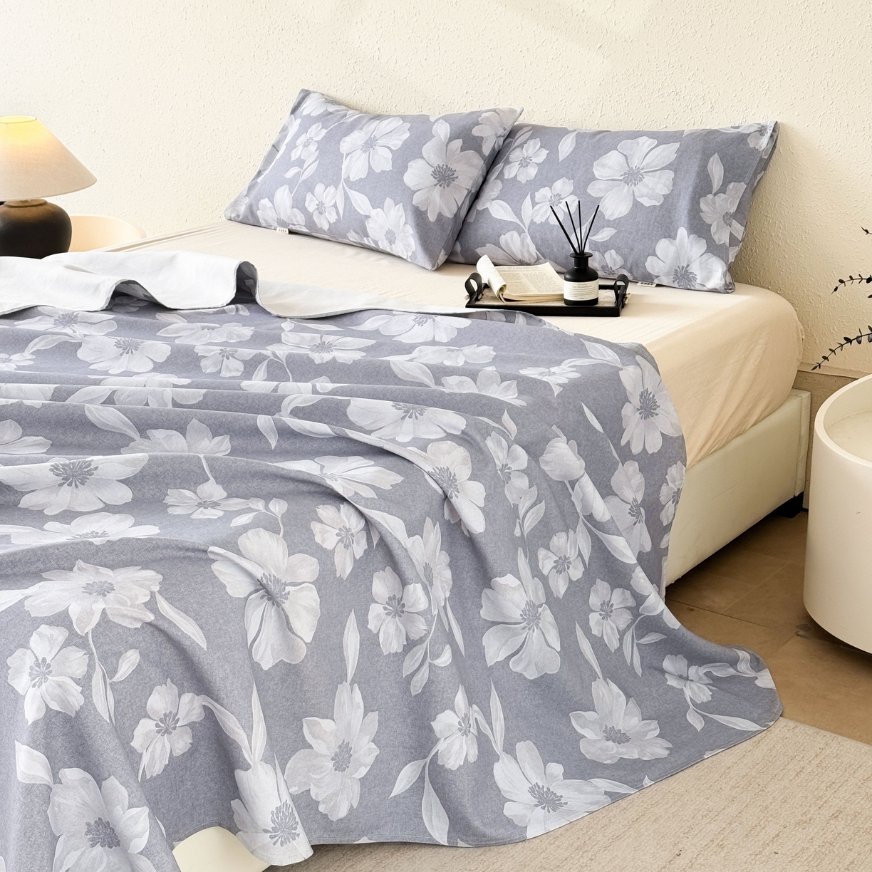 91家纺网 家纺一手货源 找家纺 遇安家纺 2026年新款原棉老粗布凉席三件套 花叙-蓝