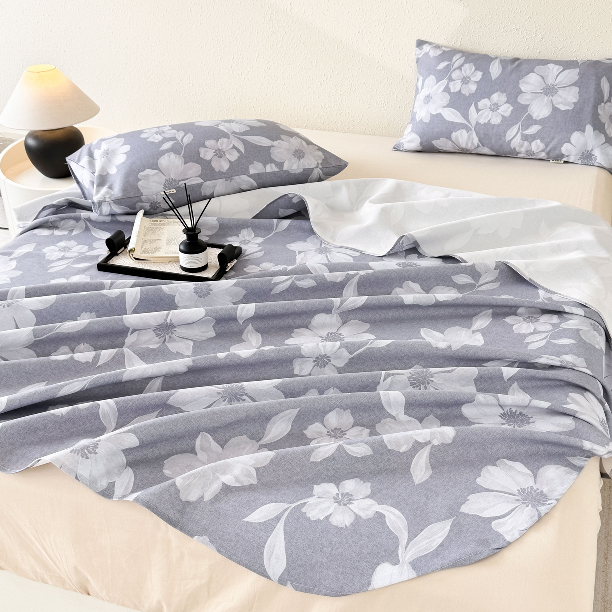 91家纺网 家纺一手货源 找家纺 遇安家纺 2026年新款原棉老粗布凉席三件套 花叙-蓝