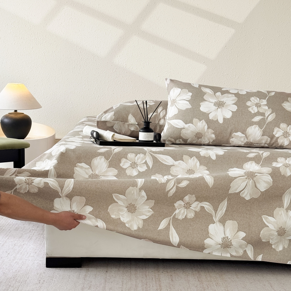 91家纺网 家纺一手货源 找家纺 遇安家纺 2026年新款原棉老粗布凉席三件套 花叙-棕