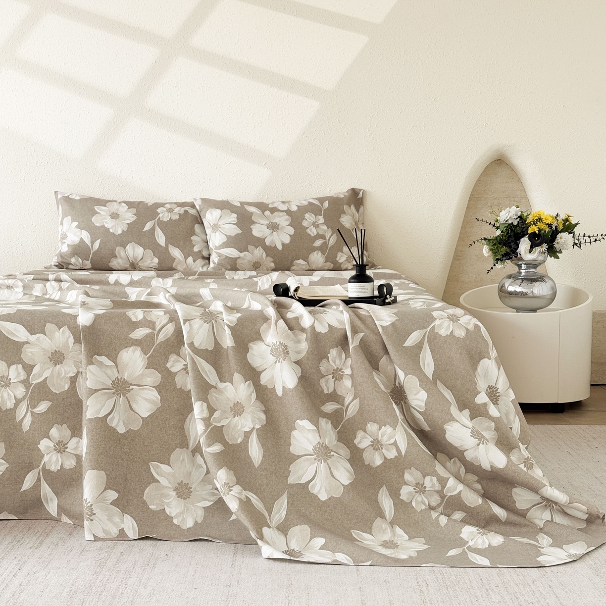 91家纺网 家纺一手货源 找家纺 遇安家纺 2026年新款原棉老粗布凉席三件套 花叙-棕