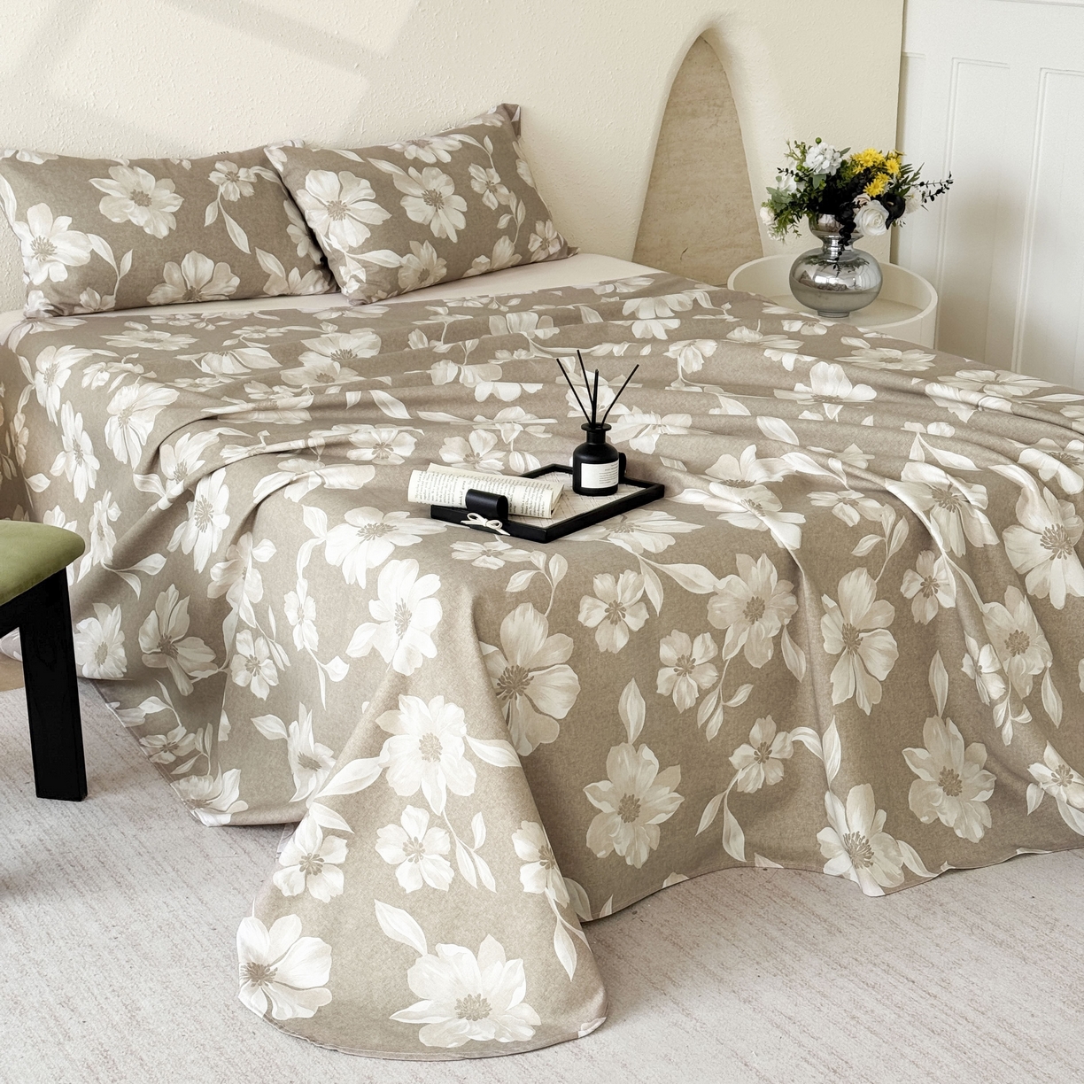 91家纺网 家纺一手货源 找家纺 遇安家纺 2026年新款原棉老粗布凉席三件套 花叙-棕