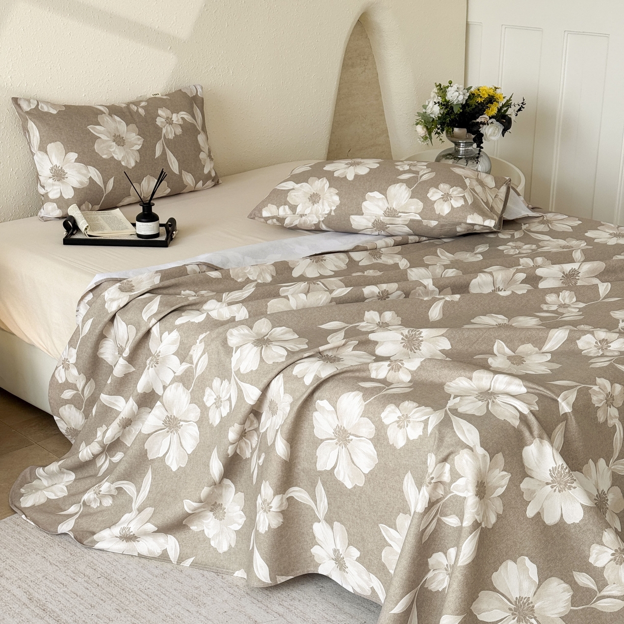 91家纺网 家纺一手货源 找家纺 遇安家纺 2026年新款原棉老粗布凉席三件套 花叙-棕