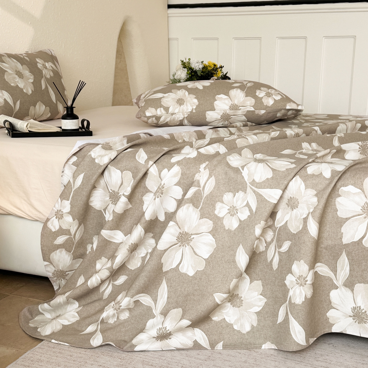 91家纺网 家纺一手货源 找家纺 遇安家纺 2026年新款原棉老粗布凉席三件套 花叙-棕