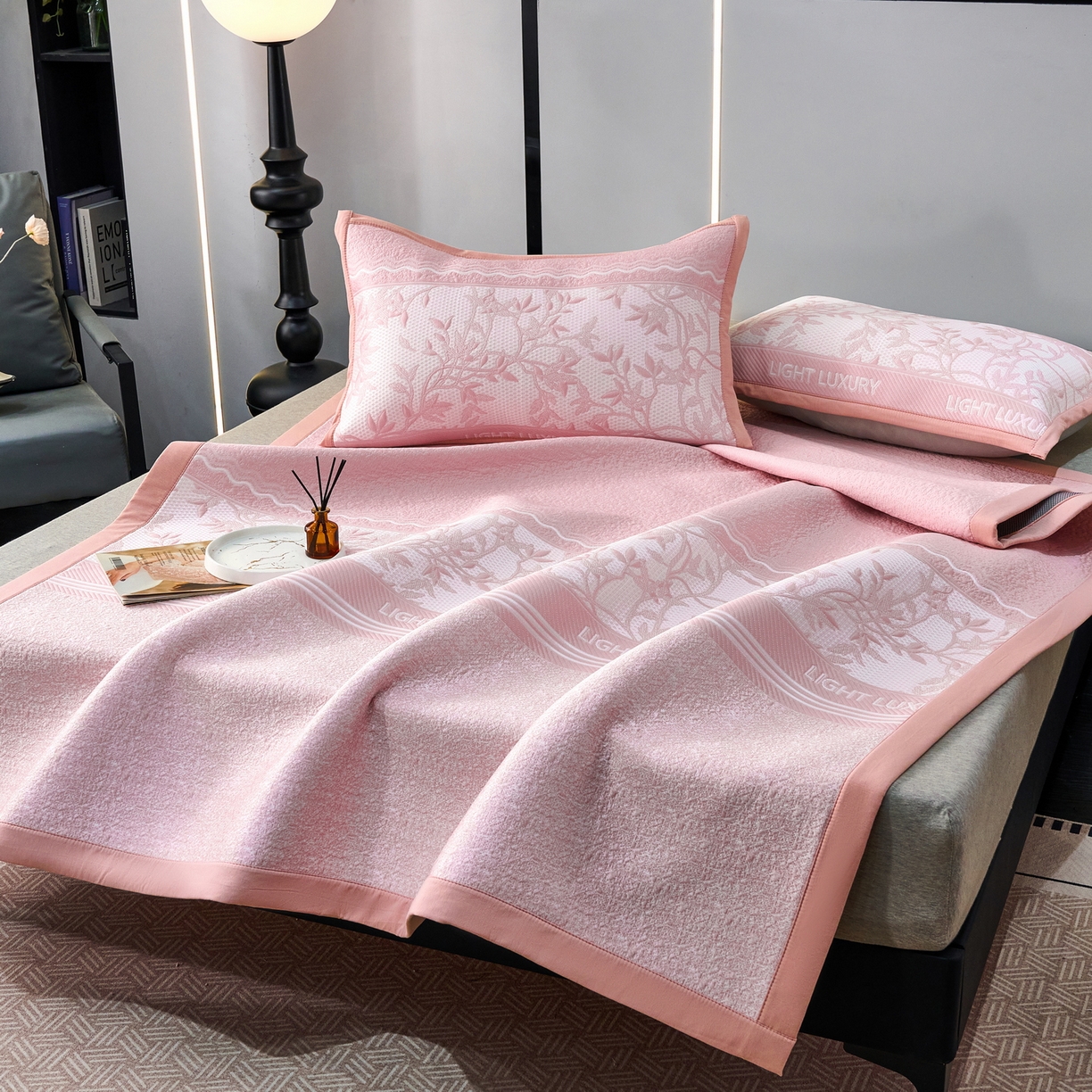 雅诗帛 2026新款提花PE凉感冰丝席三件套 风景-直角粉