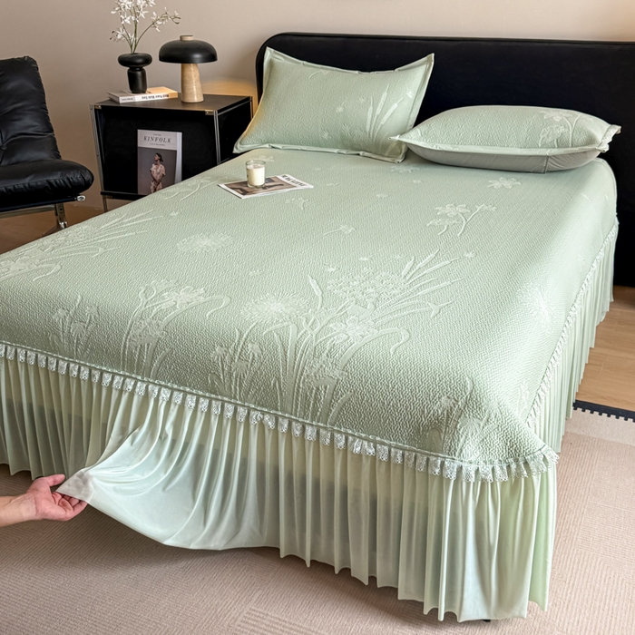 鑫琪莱家纺 2026新款提花浮雕凉豆豆凉感凉席床裙款 蒲公英绿