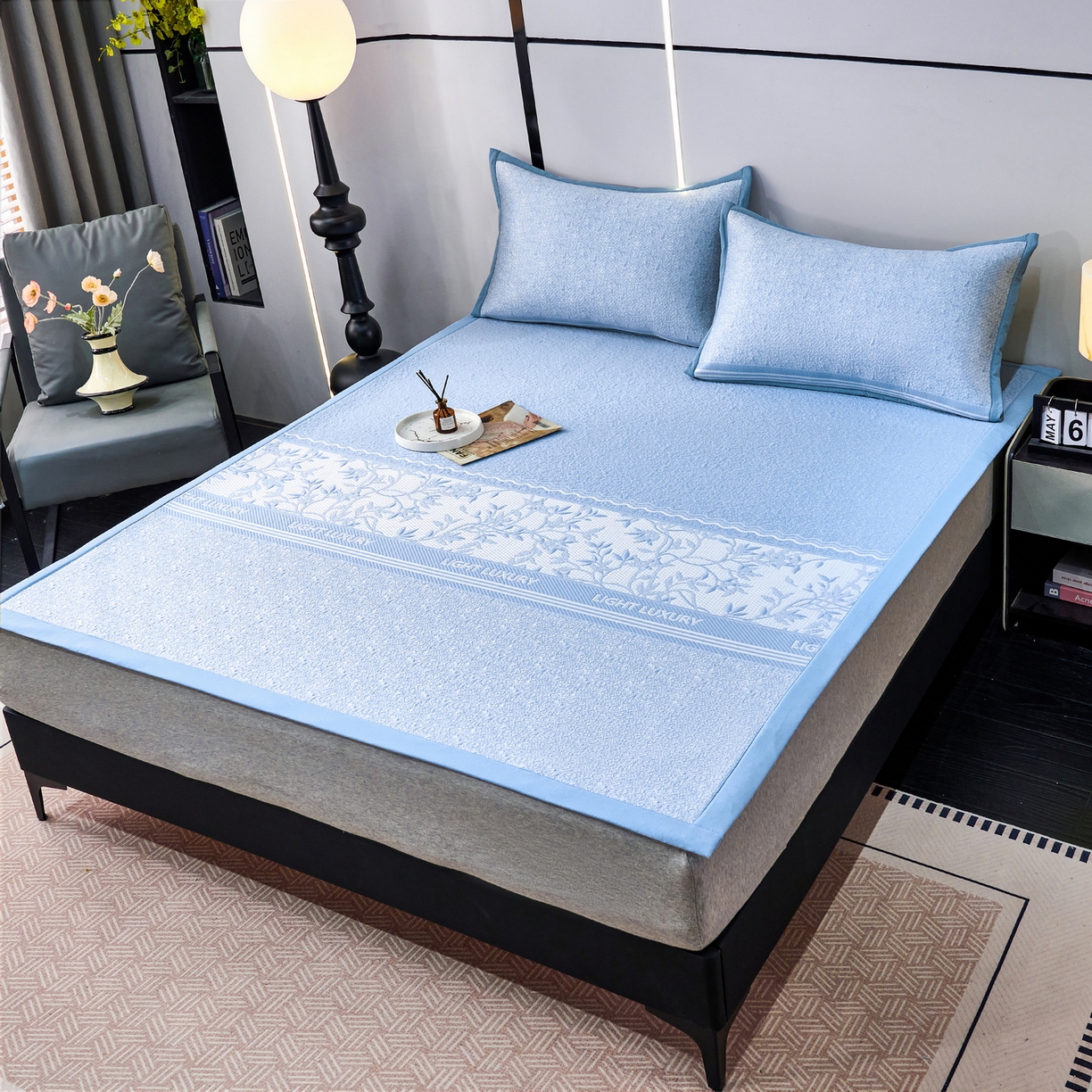 91家纺网 家纺一手货源 找家纺 雅诗帛 2026新款提花PE凉感冰丝席三件套 风景-直角蓝