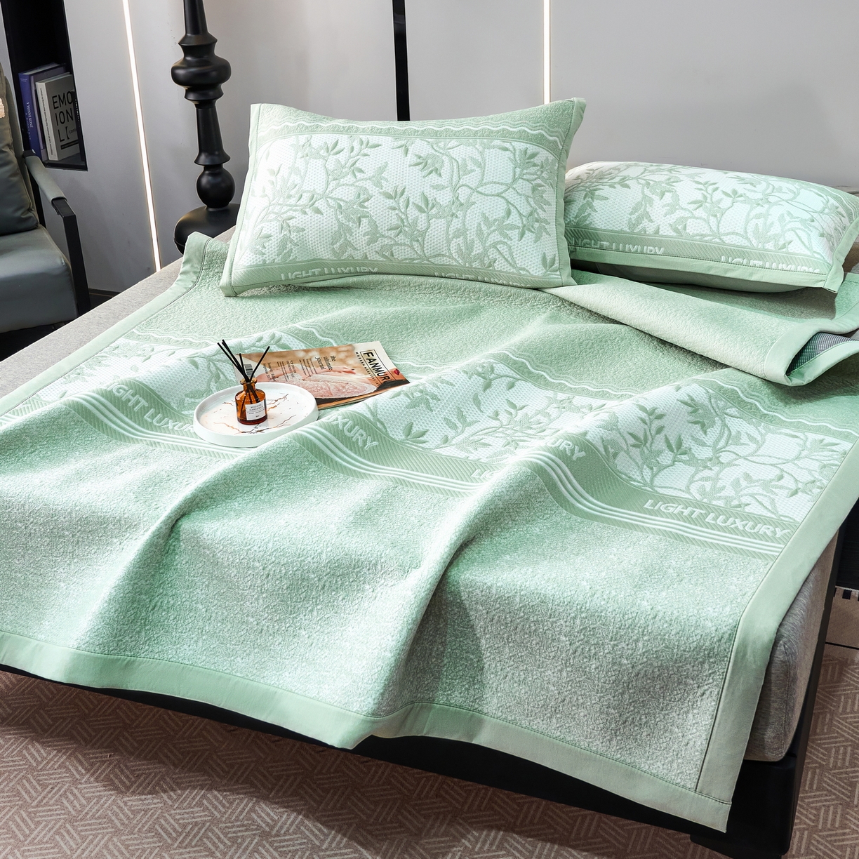 雅诗帛 2026新款提花PE凉感冰丝席三件套 风景-直角绿