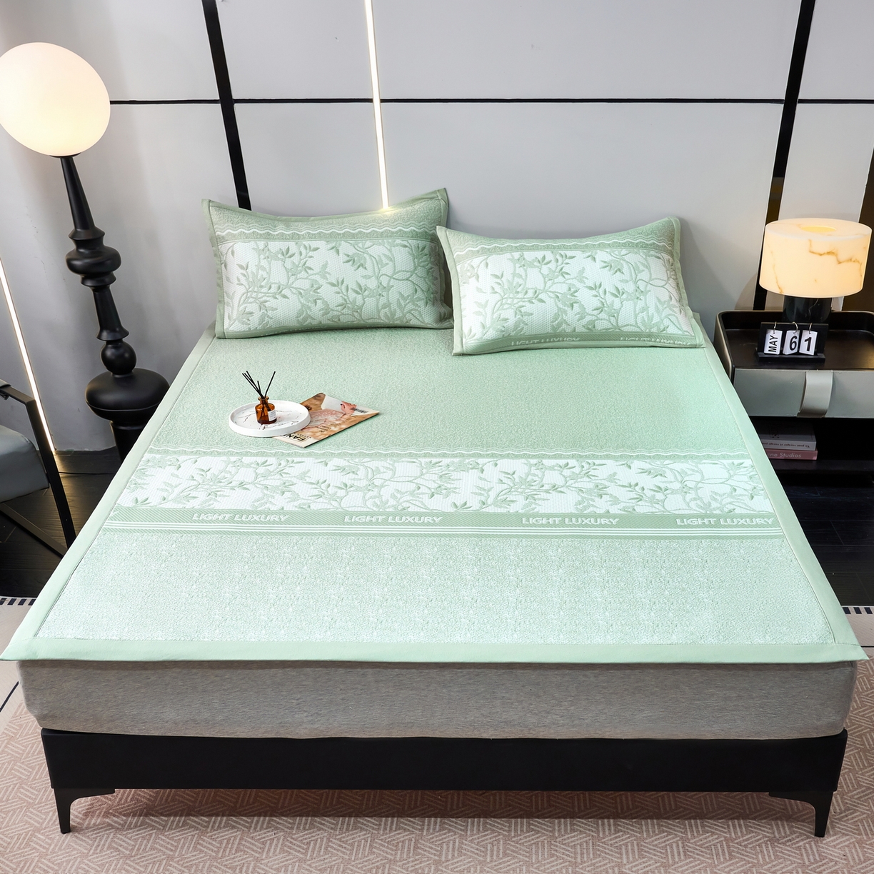 91家纺网 家纺一手货源 找家纺 雅诗帛 2026新款提花PE凉感冰丝席三件套 风景-直角绿