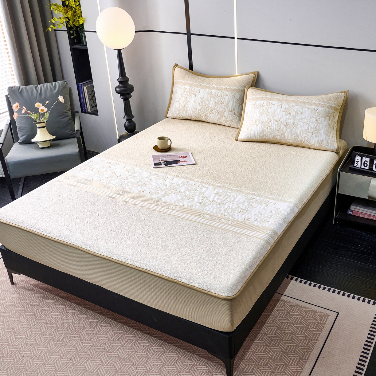 91家纺网 家纺一手货源 找家纺 雅诗帛 2026新款提花PE凉感冰丝席三件套 风景-床笠咖