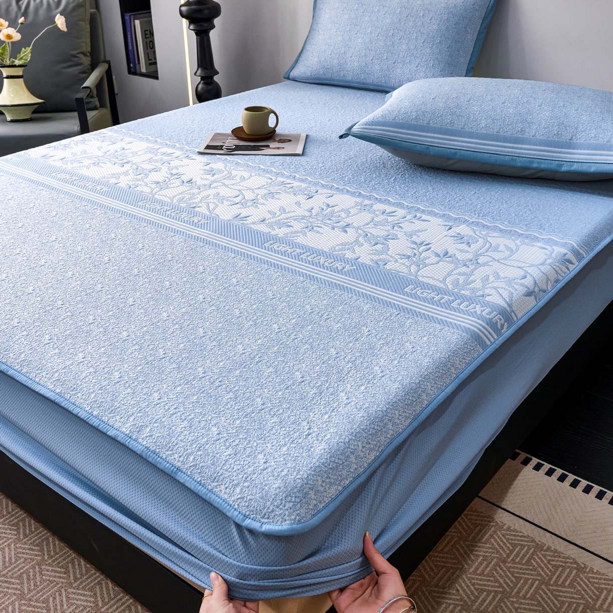 雅诗帛 2026新款提花PE凉感冰丝席三件套 风景-床笠蓝