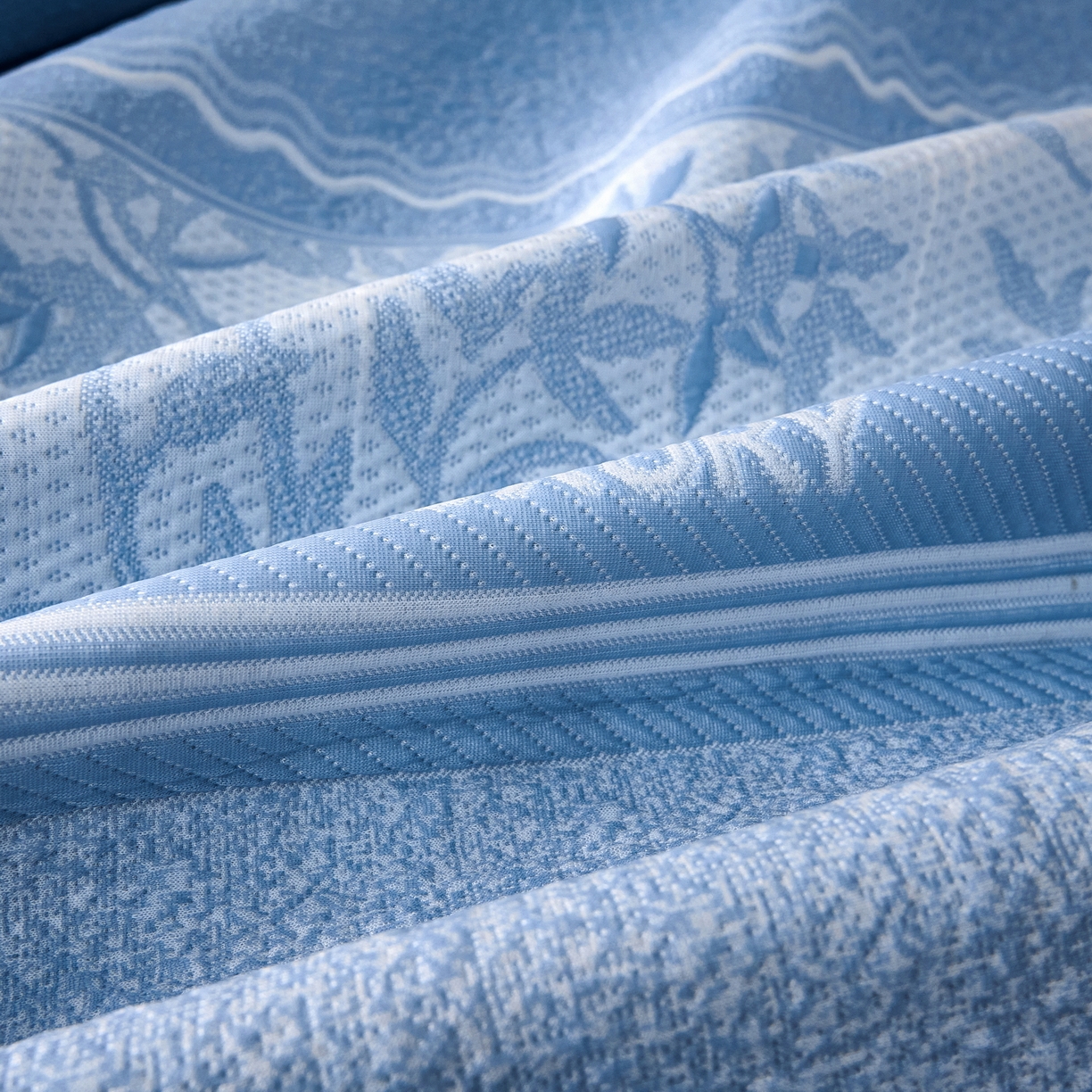 91家纺网 家纺一手货源 找家纺 雅诗帛 2026新款提花PE凉感冰丝席三件套 风景-床笠蓝